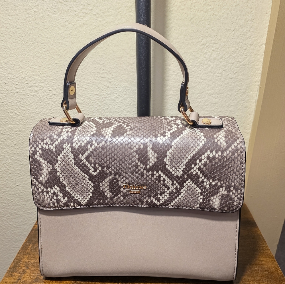 Dune London Two-Tone Snake-Print Top Handle Satchel in Taupe and Light Beige